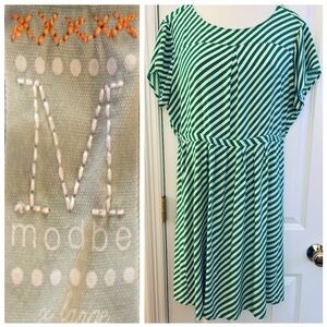 Modbe Dress Sz XL Green Striped Midi, short sleeve fit and flare rayon EUC